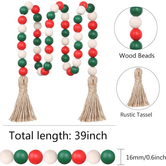 Christmas Wood Bead Garland 39in Farmhouse Tassel Decor Tree Wall Tray - Picture 6 of 6